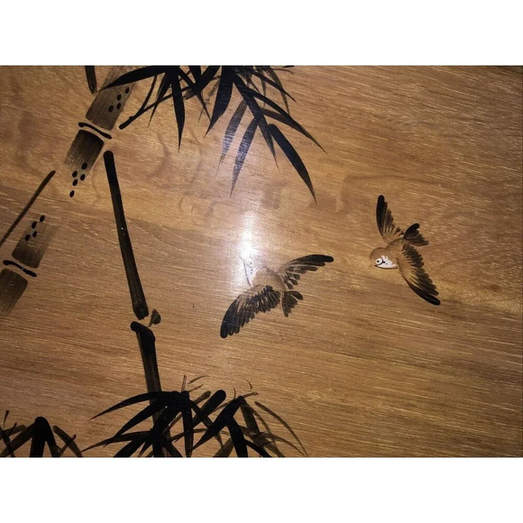Vintage Japanese Bamboo Serving Tray Hand Painted Birds Mid Century Oriental - Picture 2 of 7